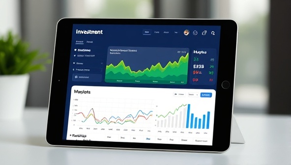 An interactive investment dashboard on a tablet screen, displaying real-time investment opportunities, portfolio performance, and market insights, creating a professional and user-friendly financial platform for real estate investors.