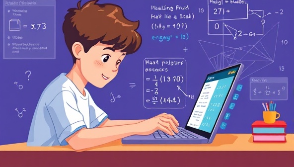 An illustration of a student using a laptop with the BrainBoost AI platform, receiving instant feedback and study resources on a complex math problem, with AI algorithms visibly analyzing the student's input, showcasing the platform's efficiency and educational support capabilities.