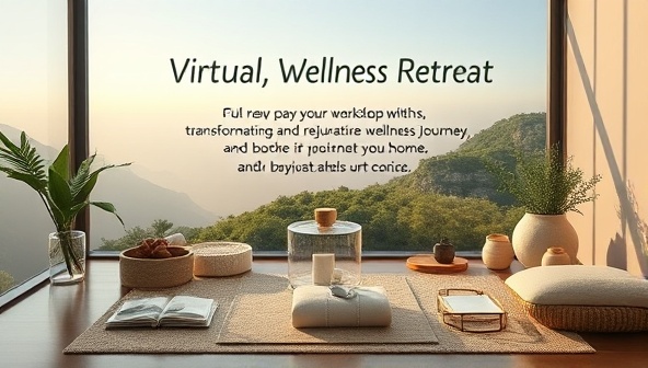 An artistic representation of a serene virtual wellness retreat setting with calming nature imagery, wellness tools, and digital workshop materials, inviting participants to embark on a transformative and rejuvenating wellness journey from their homes.
