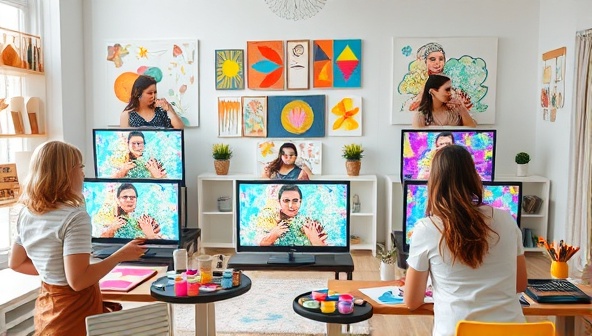 An expressive virtual art therapy session scene with individuals engaging in various art activities on their screens, surrounded by colorful artworks and art supplies, reflecting creativity and emotional healing in a virtual setting.