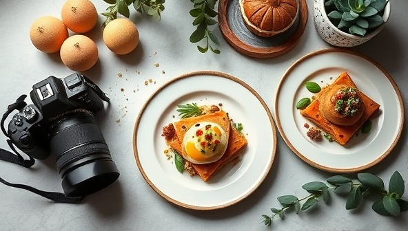 An aesthetic and well-composed food photography setup with a camera, props, and beautifully plated dishes, showcasing the artistry and creativity of Visual Feast Academy's food photography and styling workshops.