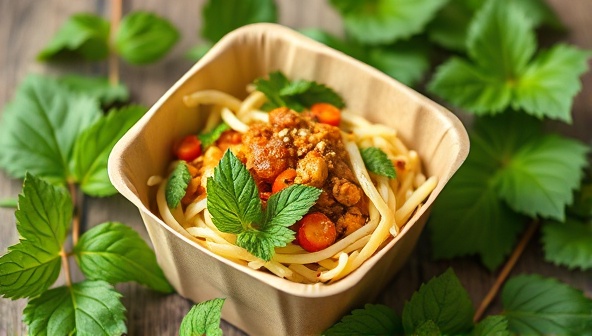 A vibrant image of a beautifully presented meal in a compostable packaging container, surrounded by fresh, green leaves and natural elements, illustrating the eco-friendly and sustainable aspect of the business.