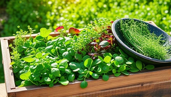 A vibrant array of freshly harvested microgreens arranged in a rustic wooden crate, with a background of lush greenery and natural sunlight streaming through, evoking a sense of freshness and sustainability.