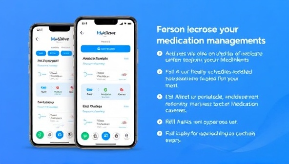 An engaging visual of the MedAdhere AI app interface displaying personalized medication schedules, adherence reminders, and refill alerts, with a user-friendly design and intuitive navigation, emphasizing ease of use and personalized medication management.