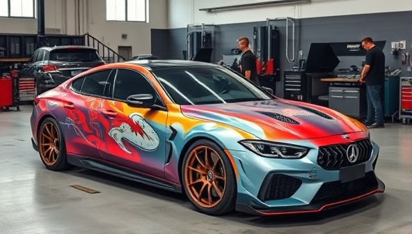 An artistically customized car with a striking and unique paint job, sleek body modifications, and customized rims, parked in front of the studio with a team of skilled technicians working on another vehicle in the background, showcasing craftsmanship and creativity.