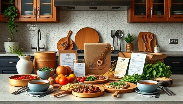 An elegant kitchen setup with a beautifully arranged gourmet meal kit, fresh ingredients, recipe cards, and cooking utensils, exuding sophistication and culinary inspiration for subscribers to recreate restaurant-quality dishes at home.