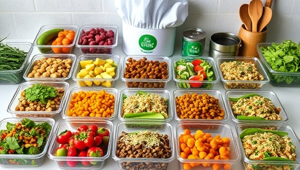 A colorful and diverse array of plant-based meals neatly organized in meal prep containers, with fresh ingredients on display, a chef's hat, and cooking utensils in the background, showcasing the convenience and deliciousness of the GreenPlates Prep plant-based meal service.