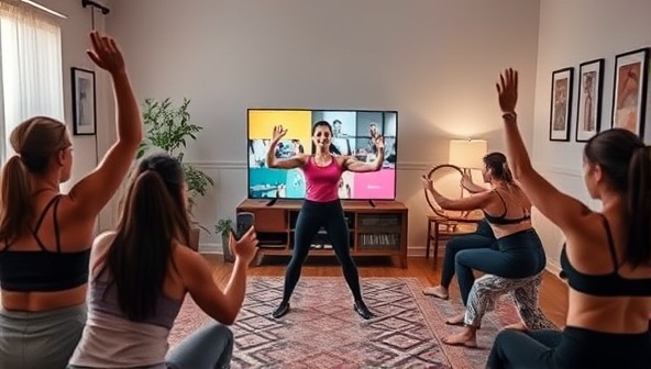 A dynamic workout scene with a virtual fitness coach leading an energizing group exercise session via video call, surrounded by diverse participants exercising in their living rooms, conveying a sense of community and motivation.