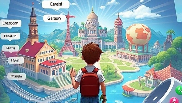 An immersive language learning game scene featuring a character exploring a vibrant virtual world filled with language puzzles, cultural landmarks, and interactive dialogues in different languages, illustrating the engaging and educational aspects of the virtual language learning experience in a visually captivating setting.