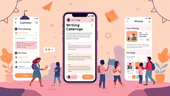 An illustrative design of the narrative writing workshop app interface featuring writing challenges, interactive prompts, progress tracking tools, and a vibrant writing community, encapsulating the essence of creativity and collaboration in mobile storytelling workshops.