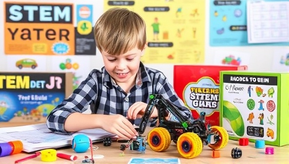 An image of a child enthusiastically building a robotic project from one of the subscription kits, surrounded by colorful STEM materials and educational posters, highlighting the hands-on learning experience provided by STEMcraft Jr.