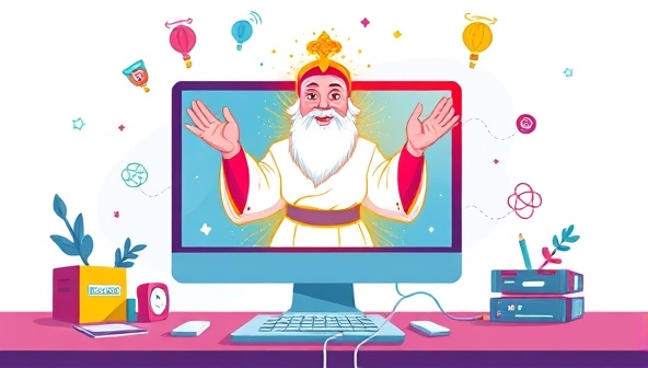 A dynamic illustration of a digital genie emerging from a computer screen, surrounded by colorful website design elements, conveying the idea of magic and simplicity in web creation.