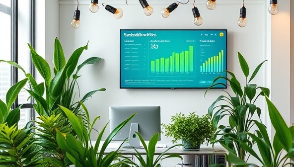 An office space adorned with lush green plants, recycled paper stationery, energy-efficient light bulbs, and a digital screen displaying sustainability metrics and financial reports, creating a harmonious blend of nature and finance in an eco-conscious workspace.