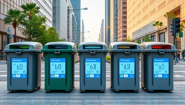 A cityscape with smart waste bins equipped with sensors, displayed on digital screens showing real-time fill levels and optimized collection routes, illustrating a clean and efficient urban waste management system.