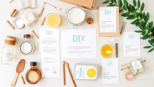 An aesthetically pleasing flat lay of various DIY beauty kit components neatly arranged on a table, including jars of ingredients, mixing tools, instruction cards, and finished handmade products, evoking a sense of creativity and self-care.