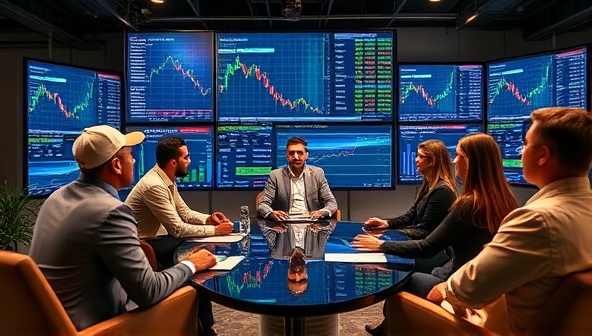 A virtual investment club setting with diverse members engaging in a lively discussion about stocks and investment strategies, with digital screens displaying financial data and charts in the background, conveying a dynamic and collaborative investment community.