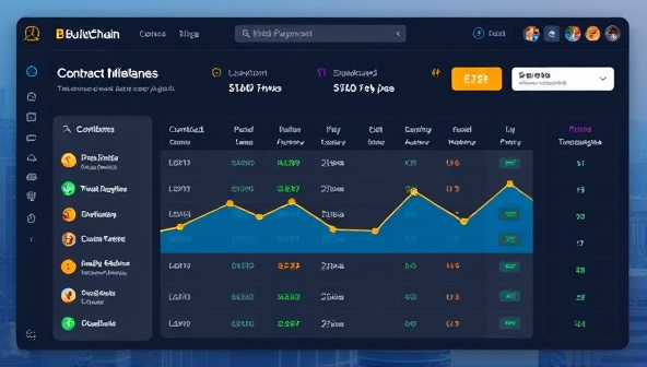 An interactive blockchain payment dashboard displaying real-time transactions, contract milestones, and payment approvals for a construction project, with stakeholders using digital signatures and secure encryption, ensuring transparent and tamper-proof financial transactions through BuildChain Payments.