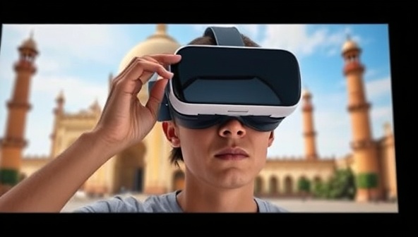 An individual wearing a virtual reality headset, exploring a digital recreation of a famous landmark, highlighting the immersive and educational aspects of VirtuExplore VR.
