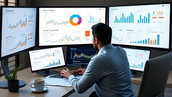 A digital workspace with a consultant analyzing marketing data on multiple screens, surrounded by graphs, charts, and coffee mugs, illustrating a focus on data-driven insights and strategic marketing recommendations.