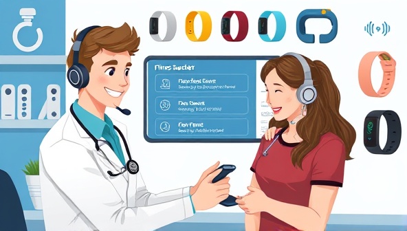 An illustration of a friendly technician assisting a customer with a fitness tracker, displaying a screen with troubleshooting steps, various fitness devices in the background, and a satisfied customer, conveying reliable tech support and assistance.