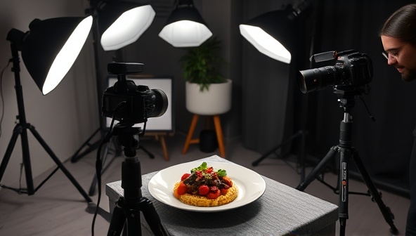 A photography studio setup with a beautifully plated dish, professional camera equipment, and lighting props, with a photographer demonstrating composition techniques to a virtual audience, creating a visually appealing and educational atmosphere for food photography enthusiasts.