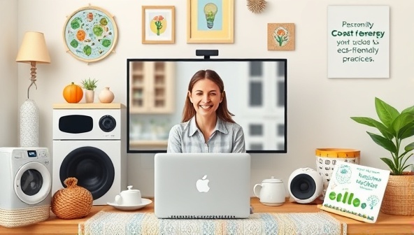 An engaging visual featuring a virtual energy coach interacting with a client on a video call, surrounded by energy-efficient appliances and sustainable living guides, conveying personalized guidance and support in eco-friendly practices.