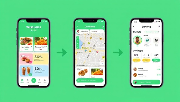 A digital mockup of the WasteLess Eats app interface featuring colorful food items with discounted prices, a map displaying nearby participating establishments, and a user profile showcasing savings and environmental impact statistics, illustrating convenience, savings, and eco-conscious choices.