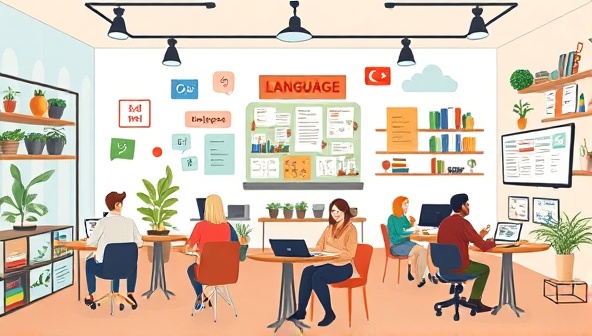 An illustration of a virtual language exchange cafe room with diverse participants engaging in conversations in different languages, cultural elements adorning the virtual space, and language learning resources displayed on digital screens, creating a vibrant and interactive language learning environment.