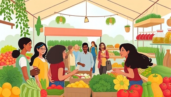 An inviting digital illustration featuring a diverse group of people virtually browsing through an online farmers market filled with colorful fruits, vegetables, and artisanal products, highlighting the community spirit and sustainable food offerings.