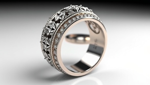 An elegant digital rendering of a customized 3D-printed ring, showcasing intricate details and personalized engravings, symbolizing the uniqueness and craftsmanship of the custom jewelry business.