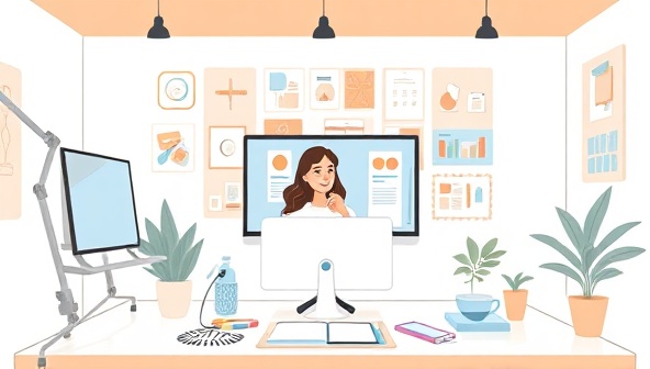 An illustration of a virtual meeting room with a designer providing online consultation to a client via video call, surrounded by design tools and inspirational mood boards, reflecting a professional and collaborative remote design experience.