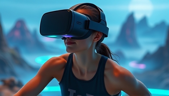 An individual wearing a VR headset, immersed in a virtual fitness world, surrounded by futuristic landscapes and engaging in a high-intensity workout, showcasing the fusion of technology and fitness.