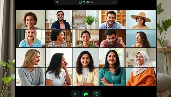 An online support group session where diverse individuals are engaging in a virtual discussion circle, sharing personal experiences and offering support, with calming visuals and nature elements in the background to create a safe and welcoming digital space for mental wellness.