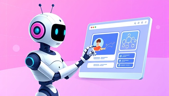 An illustration of a futuristic robot with a friendly face and a design tool in hand, assisting a person in creating a website on a virtual screen, symbolizing the AI-powered web design assistant simplifying the design process for users.