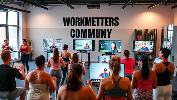 A dynamic and energetic virtual fitness class setting with diverse instructors leading different workouts, users following along on their screens with enthusiasm, and a motivational backdrop showcasing the FitFusion Connect platform, exuding a sense of community and wellness.