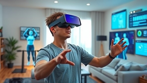 An individual in a living room wearing AR glasses, interacting with virtual fitness equipment and avatars, surrounded by digital displays of workout data and achievements, blending the real and virtual worlds seamlessly.