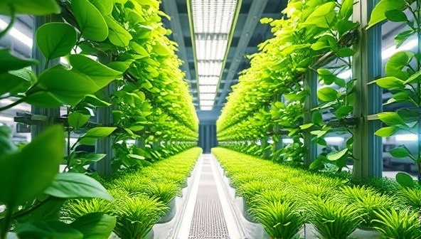 An artistic rendering of a futuristic vertical farm with rows of lush green plants growing under LED lights, symbolizing sustainable agriculture in urban environments and the concept of farm-to-table freshness.