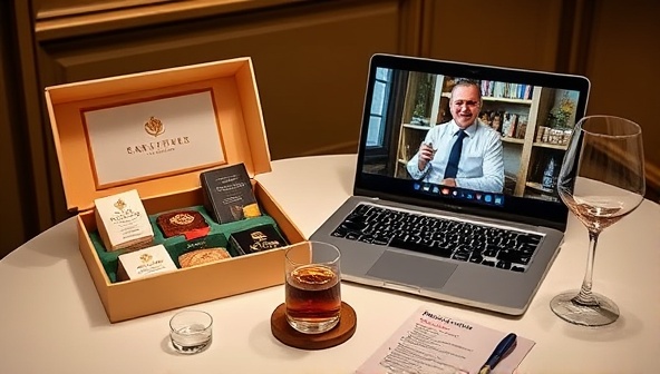 An elegant tabletop arrangement featuring a beautifully presented tasting box with gourmet samples, small tasting glasses, and tasting notes, accompanied by a laptop displaying a live virtual tasting session led by a professional sommelier, exuding sophistication and culinary refinement.