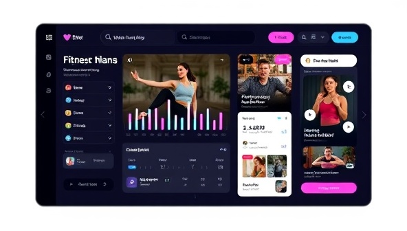 A virtual fitness coaching platform interface showcasing workout plans, progress tracking tools, live training sessions, and motivational content, creating an immersive and interactive fitness experience that inspires clients to achieve their health goals.