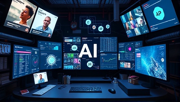 A dynamic digital workspace with AI algorithms generating content suggestions, analyzing engagement metrics, and providing real-time recommendations, surrounded by creative visuals and digital screens, illustrating the seamless integration of technology in content creation processes.