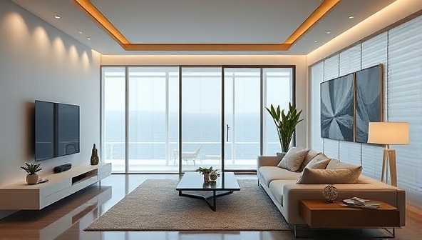 A sleek, modern living room with smart devices seamlessly integrated, showcasing voice-activated controls, automated blinds, and energy-efficient lighting, creating a futuristic and comfortable living space.