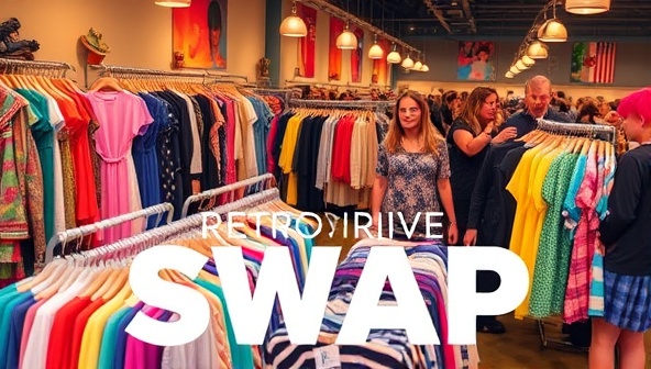 A vibrant and retro-inspired clothing swap event featuring racks of colorful vintage garments, accessories, and retro pieces displayed for swapping, with attendees interacting and browsing through the fashion finds in a lively and trendy setting that exudes style and sustainability with RetroRevive Swap.
