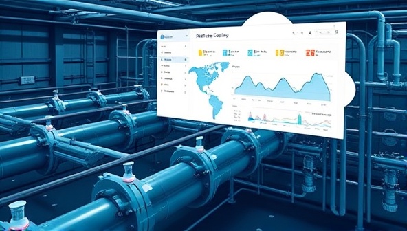 A network of IoT sensors embedded in a water treatment facility, transmitting data to a centralized cloud platform, with a dashboard displaying real-time water quality metrics, alerts, and historical trends, demonstrating the system's efficiency and reliability in safeguarding water resources.
