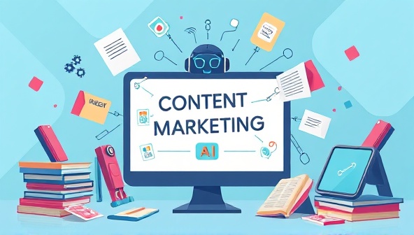 An illustration of a futuristic AI assistant surrounded by content marketing materials, brainstorming ideas on a digital screen, conveying innovation and efficiency in content creation.