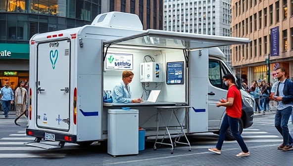 A modern and efficient mobile clinic setup equipped with state-of-the-art blood testing equipment, staffed by professional phlebotomists, serving a diverse clientele in a bustling urban environment, highlighting convenience and accessibility in healthcare.