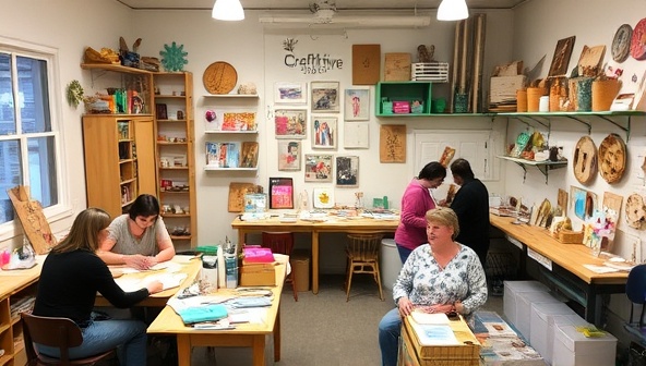 A cozy and inviting workshop studio space filled with crafting materials, tools, and finished DIY home decor projects displayed on shelves and tables, with participants engaging in a creative workshop surrounded by colorful inspirations and artistic vibes at CraftHive Studio.