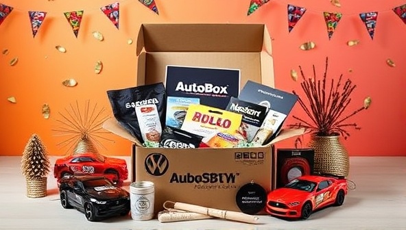 An enticing visual of a beautifully designed subscription box filled with automotive goodies, accessories, and collectibles, surrounded by car-themed decorations and a vibrant backdrop, evoking the excitement and joy of receiving an AutoBox Delight package.
