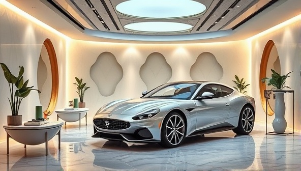 A luxurious car spa setting with elegant decor, soothing lighting, and premium car care products, showcasing a serene and upscale environment that caters to both vehicles and customers seeking a wellness-centered automotive experience.