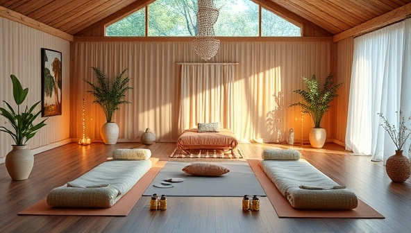 A serene and tranquil virtual retreat setting featuring a cozy meditation space, yoga mats, calming essential oils, and virtual wellness instructors guiding participants through relaxation exercises and mindfulness practices, creating a peaceful and rejuvenating ambiance.
