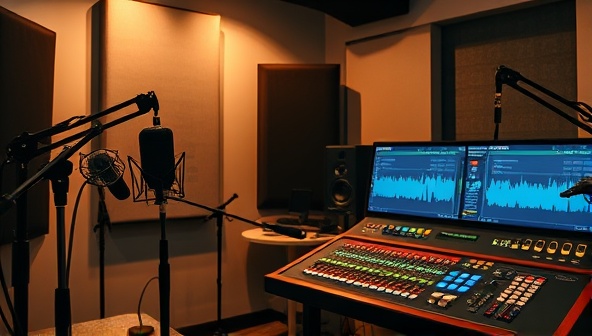 An artistic representation of a podcast studio setup, featuring microphones, soundproofing panels, and a soundboard with audio waveforms, capturing the essence of immersive storytelling and creative audio production in a dynamic and engaging environment.